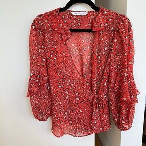 Zara Red Animal Print Sheer Wrap Blouse
